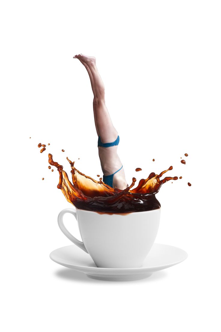 a person falling into a coffee cup with liquid splashing out of the top and bottom