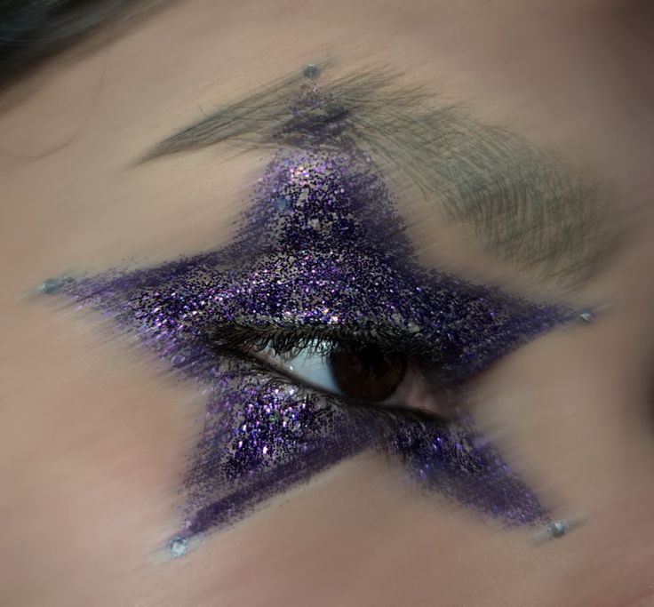 Prince Makeup Purple Rain, Punk Glitter Makeup, Star Rhinestone Eye Makeup, Black Star Eye Makeup, Glitter Star Makeup, Purple Star Makeup, Glitter Goth Makeup, Star Eye Makeup Look, Black Star Makeup