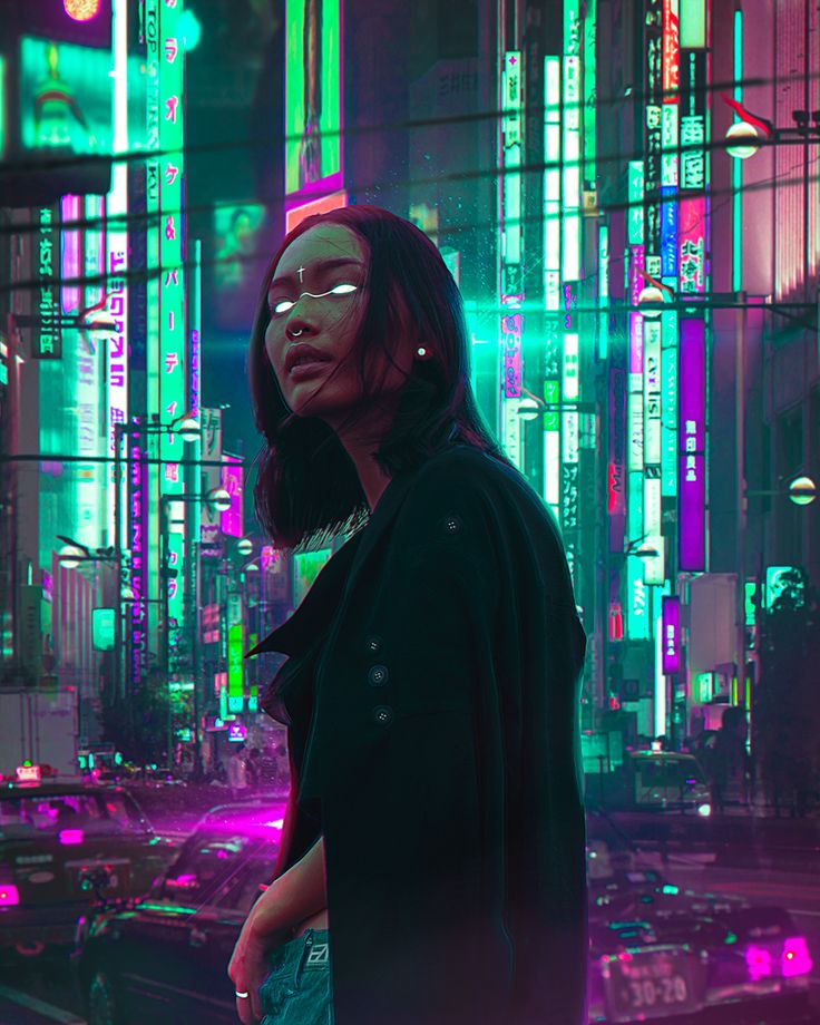 a woman standing in the middle of a city at night with neon lights behind her