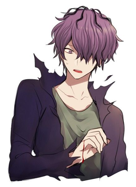 an anime character with purple hair is looking at his cell phone while wearing a black jacket