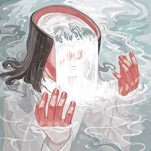 a woman in the water with her hands up to her face, holding a bucket over her head