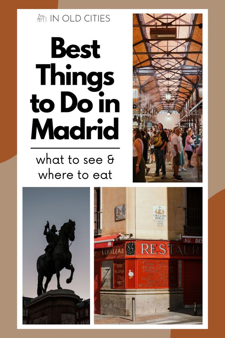 an advertisement for the best things to do in madrid, with images of people walking around