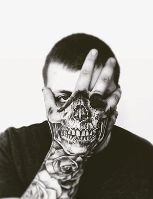 a man holding his hands to his face with a skull tattooed on it's arm