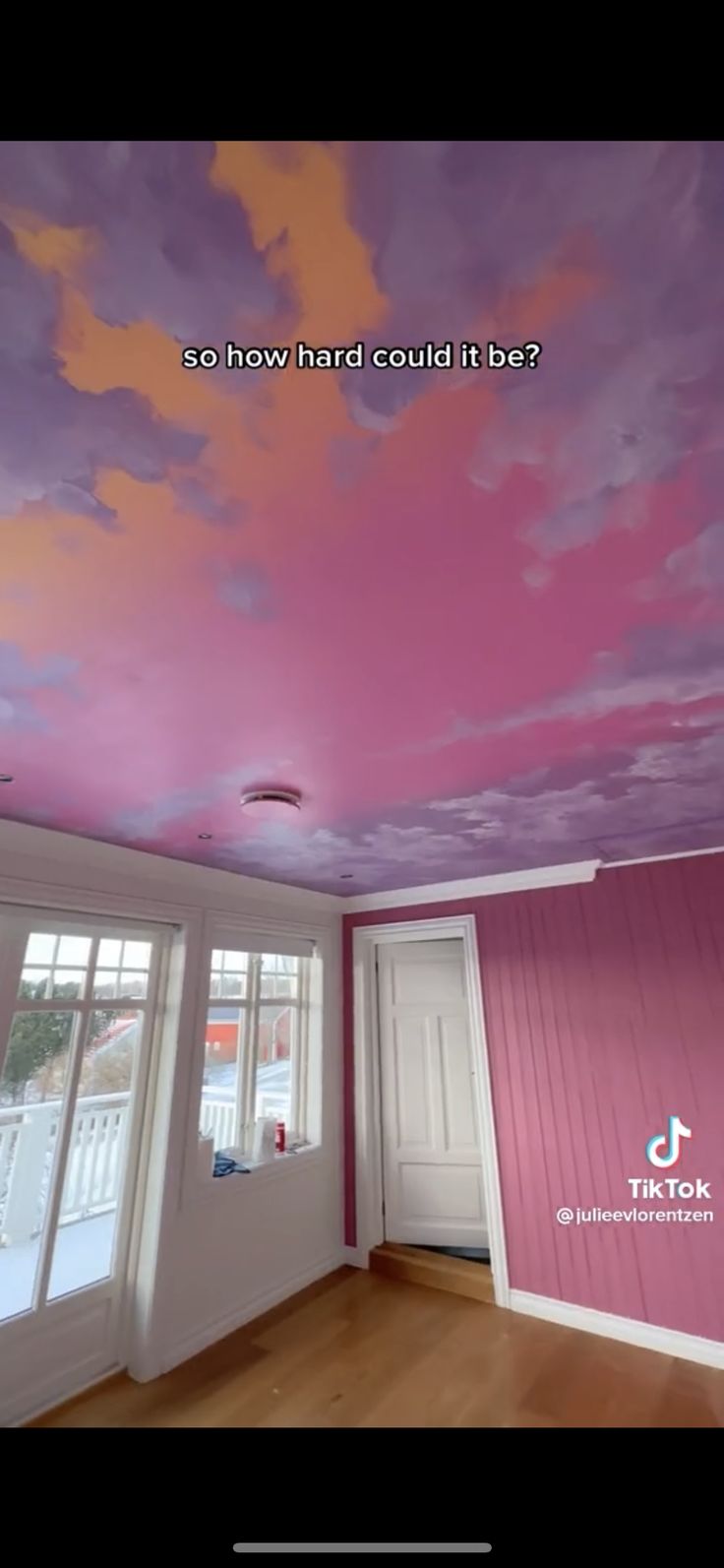 the ceiling is painted pink and purple with clouds on it, so how hard could it be?