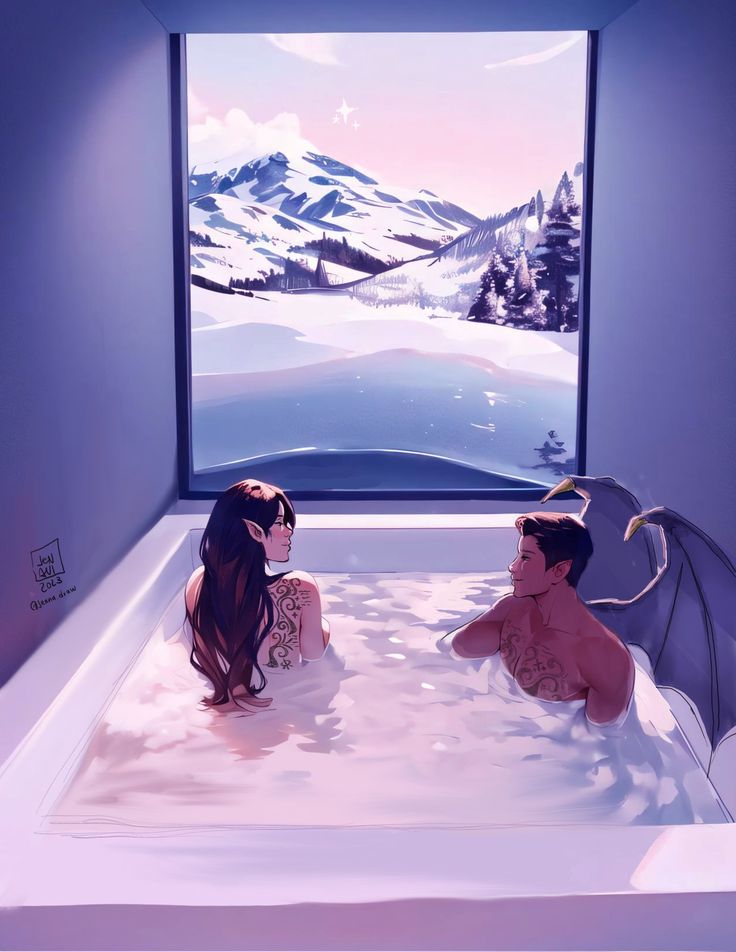 two people sitting in a bathtub with snow on the mountain behind them and an open window