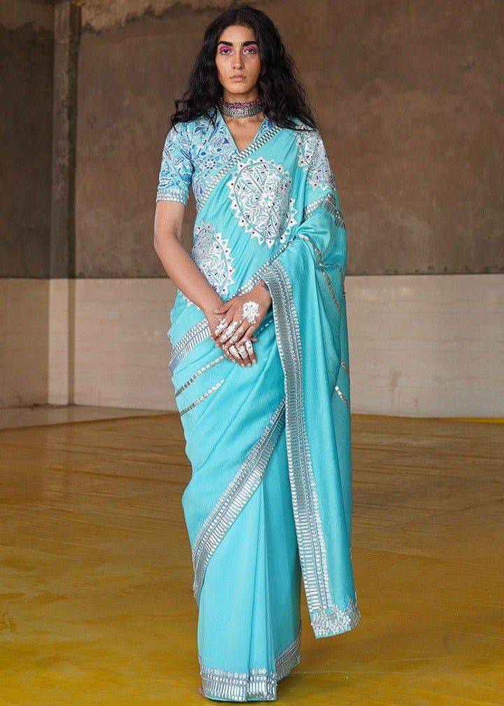 Saksham & Neharicka-Firozi Embroidered Saree In Chanderi-INDIASPOPUP.COM Saree Blouses Online, Chanderi Saree, Embroidered Saree, Blue Saree, Hand Woven Textiles, Embroidered Neckline, Indian Fashion Designers, Indian Designer Wear, Embroidered Blouse