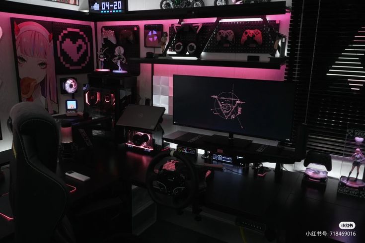 a computer desk topped with lots of computers and neon pink lights in a dark room