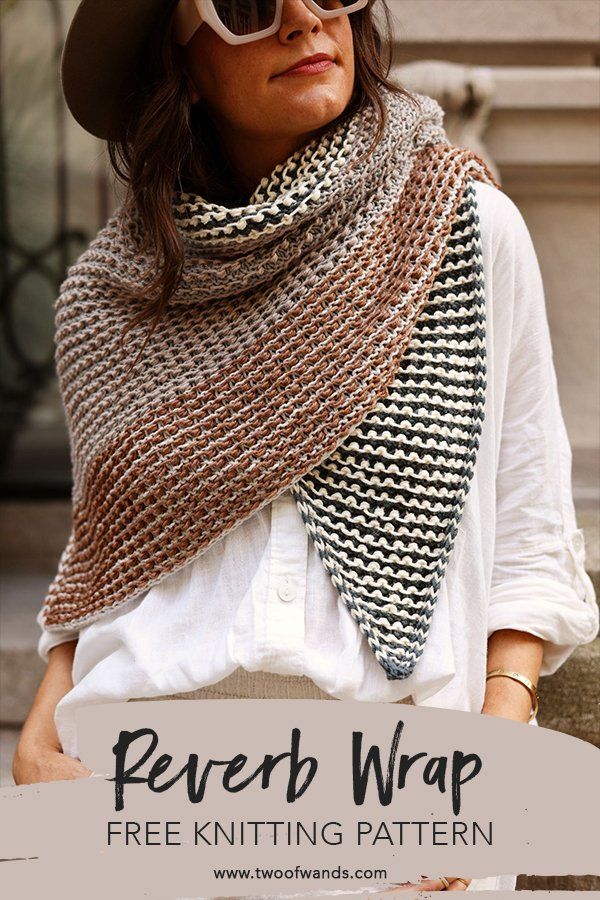 a woman wearing a hat and scarf with the text free knitting pattern for revert wrap