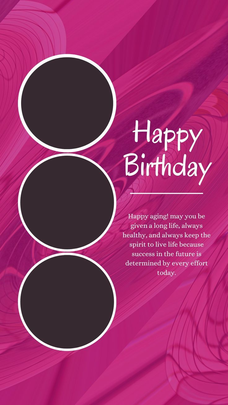 a happy birthday card with three circles on the front and bottom, in black and pink