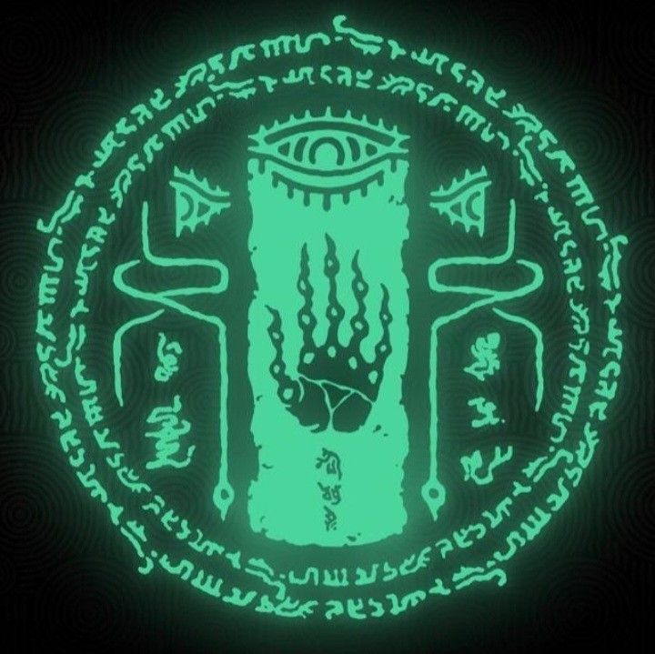 an illuminated seal with all seeing eyes and symbols on it in green glows against a black background