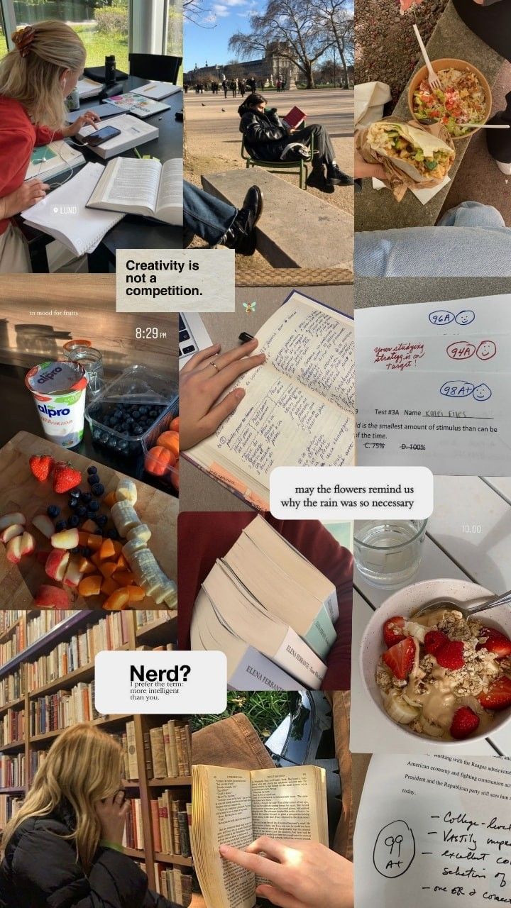 a collage of photos with people reading books and eating