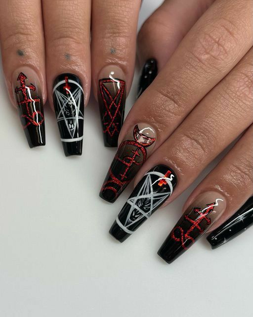 Satanic Nails Acrylic, Goth Coffin Acrylic Nails, Satanic Nails Designs, Baphomet Nails, Gothic Cross Nails, Nail Inspo Gothic, Devil Nails Halloween, 666 Nails, Gothic Acrylic Nail Designs