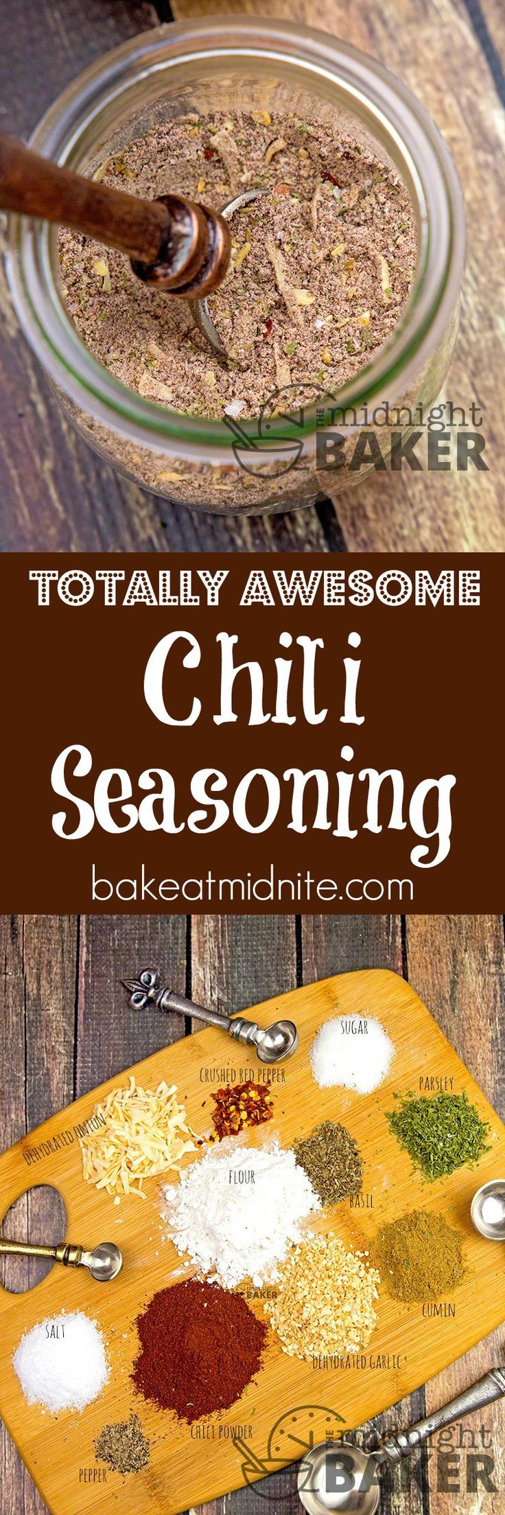 chili seasoning recipe in a glass bowl with spoons