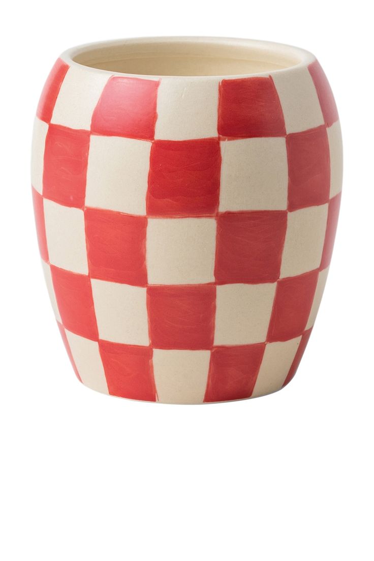 a red and white checkered ceramic bowl