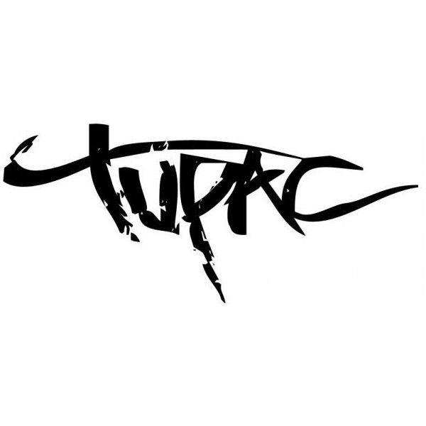 the word tupac is written in black ink on a white background with an arrow