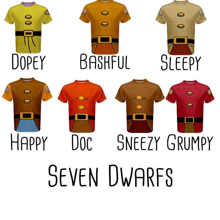 seven dwarfs t - shirts with the names of their characters in different colors and sizes