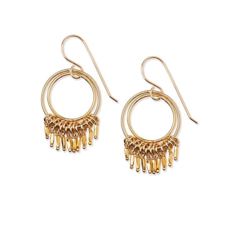 These gold fringe earrings have been a hit for ages. Customers can't get enough of their versatility, playful movement, and comfy feel. 14K gold-fill 1 1/2" in length Gold Fringe Drop Earrings, Gold Fringe Earrings In Brass, Gold Fringe Chandelier Earrings As Gift, Gold Chandelier Dangle Earrings For Everyday, Yellow Gold Brass Dangle Chandelier Earrings, Yellow Gold Brass Chandelier Dangle Earrings, Petite Earrings, Dynamic Movement, Gold Fringe