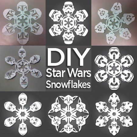 four different snowflakes are shown with the words diy star wars snowflakes