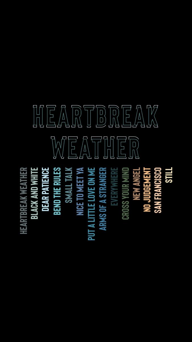 the words heart break weather are written in multicolored letters on a black background