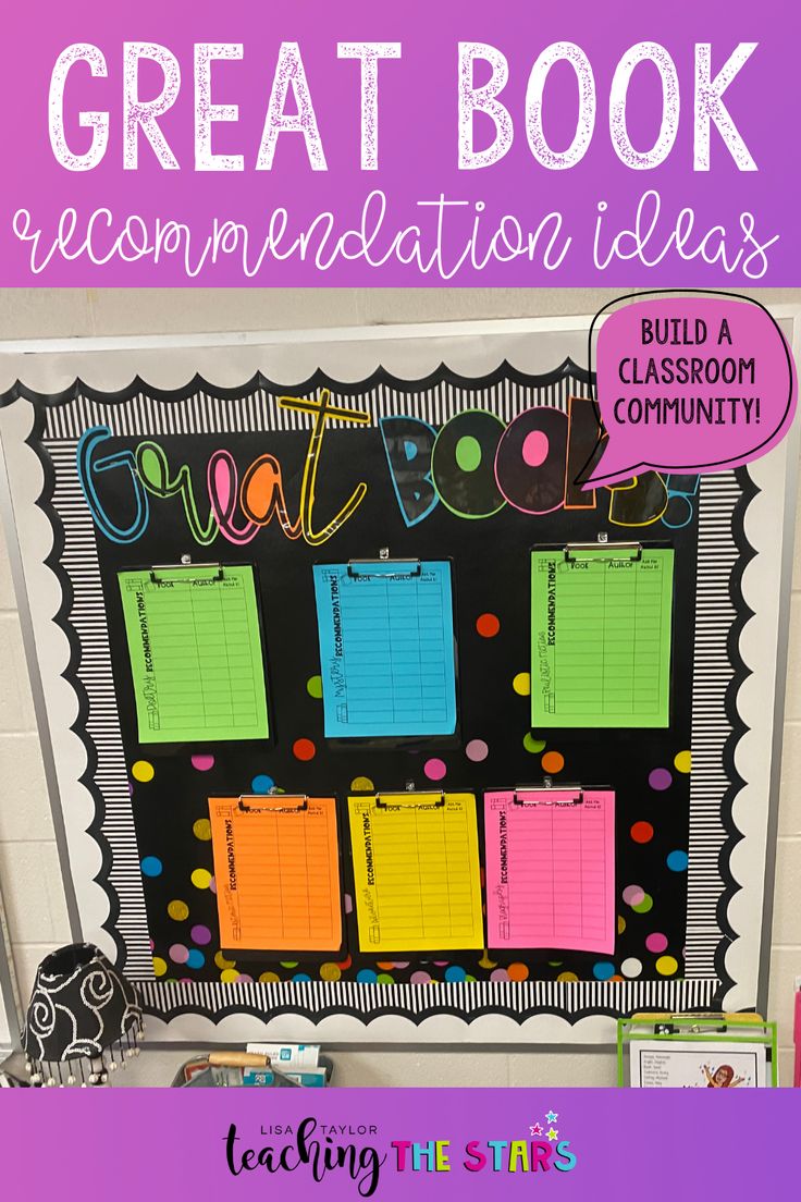 a classroom bulletin board with the words great book and notes attached to it in bright colors