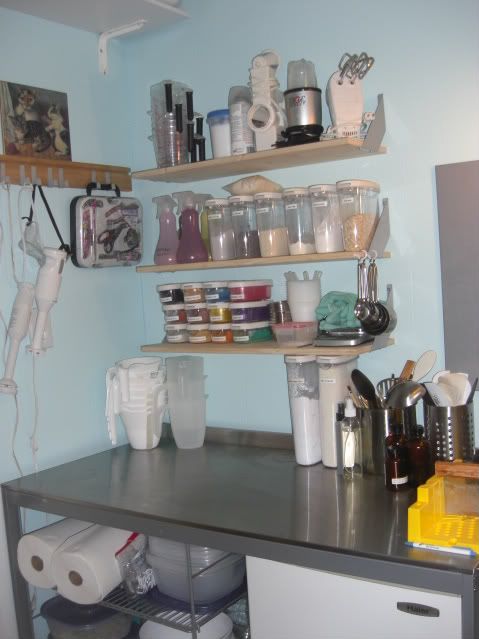 a kitchen with shelves filled with various items and containers on top of the countertop