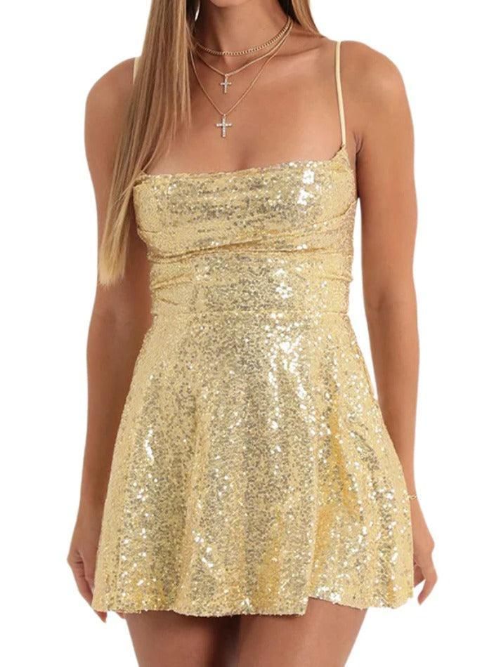 Sequin Backless Tie Up Mini Dress - HouseofHalley Uni Graduation, Gold Homecoming Dress, Taylor Bracelet, Hoco Inspo, Graduation Look, Vintage Vacation, School Dance Dresses, Street Y2k, Dresses Sequin