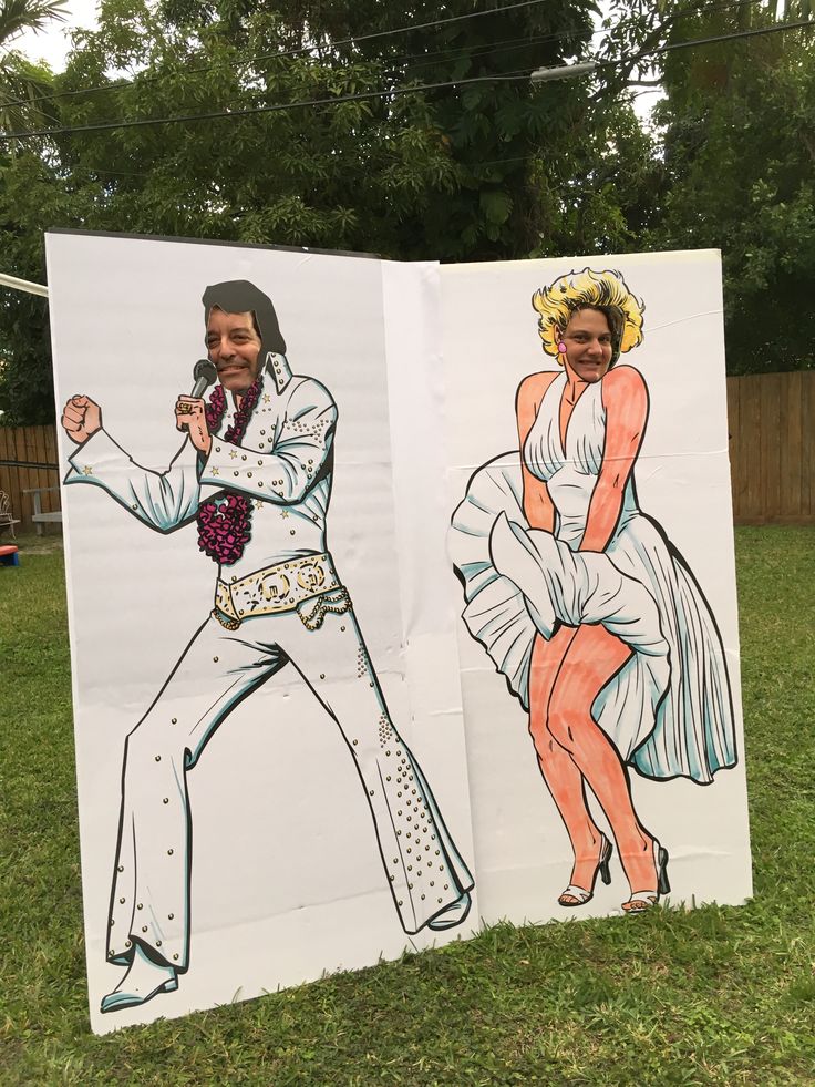 two drawings of elvis presley and his wife are on display in front of a fence