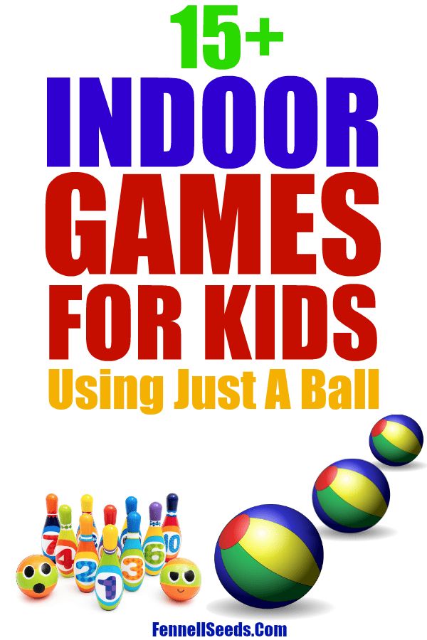 an advertisement for indoor games for kids using just a ball, including balls and water bottles