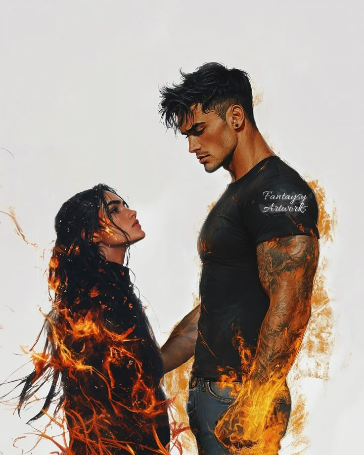 a man and woman standing next to each other with fire in the air behind them