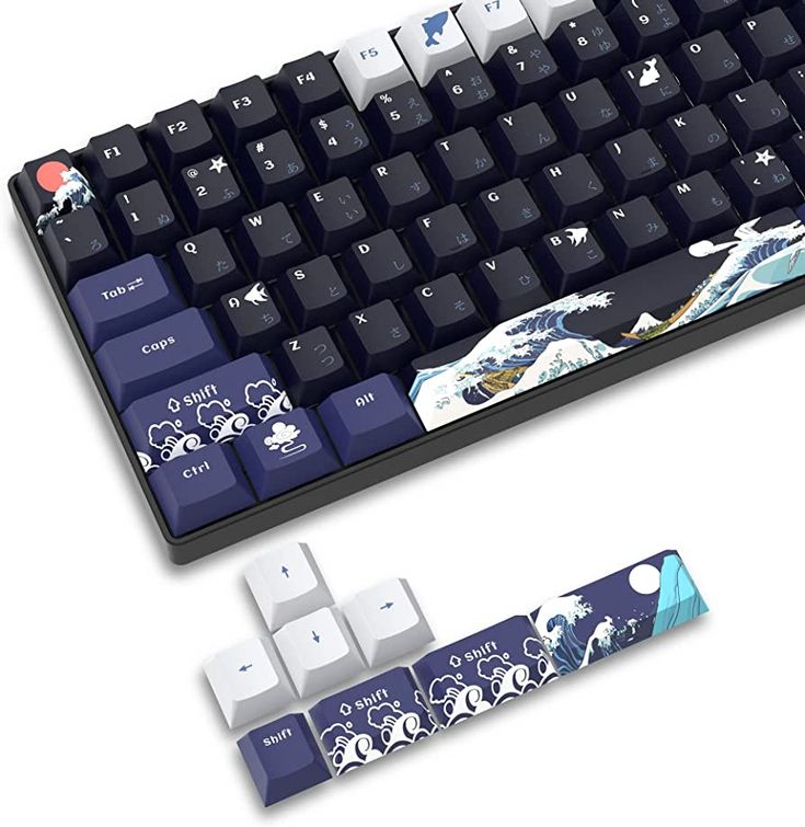 a computer keyboard with an image of waves on the back and white keys, sitting next to each other