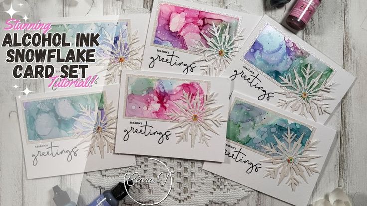 four cards with watercolor flowers and the words alcohol ink snowflake card set