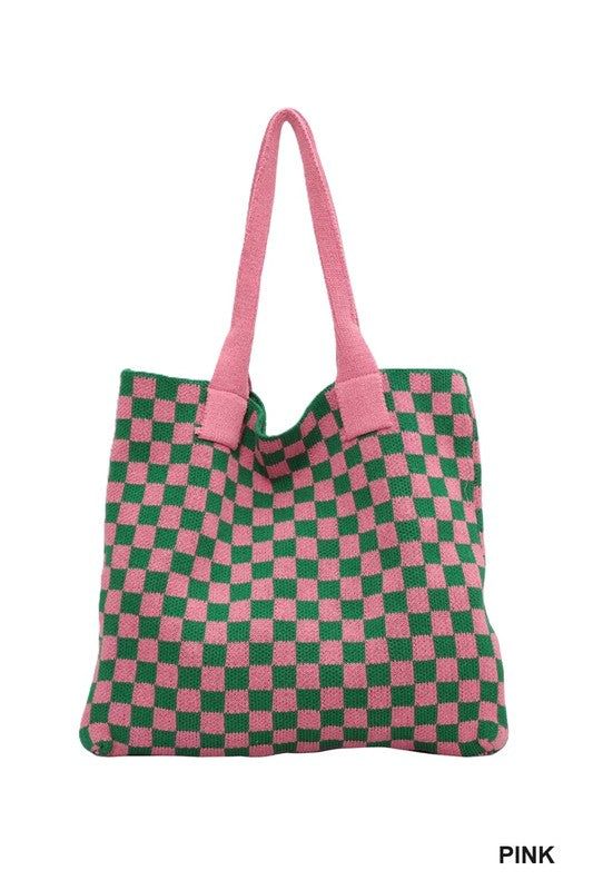 This checkered crochet knit bag in pink combines fashion and versatility with its durable and comfortable material and spacious design. Constructed with a lightweight aesthetic, it features a tote bag handle and measures 16.34" in height, 14.37" in width, and 1.18" in depth. Perfect for commuting or casual outings. Checkered Crochet, Knit Bag, Bag Handle, Knitted Bags, Hair Accessories Jewelry, Style Gift, Pink Bag, Hat Hairstyles, Jewelry Gifts