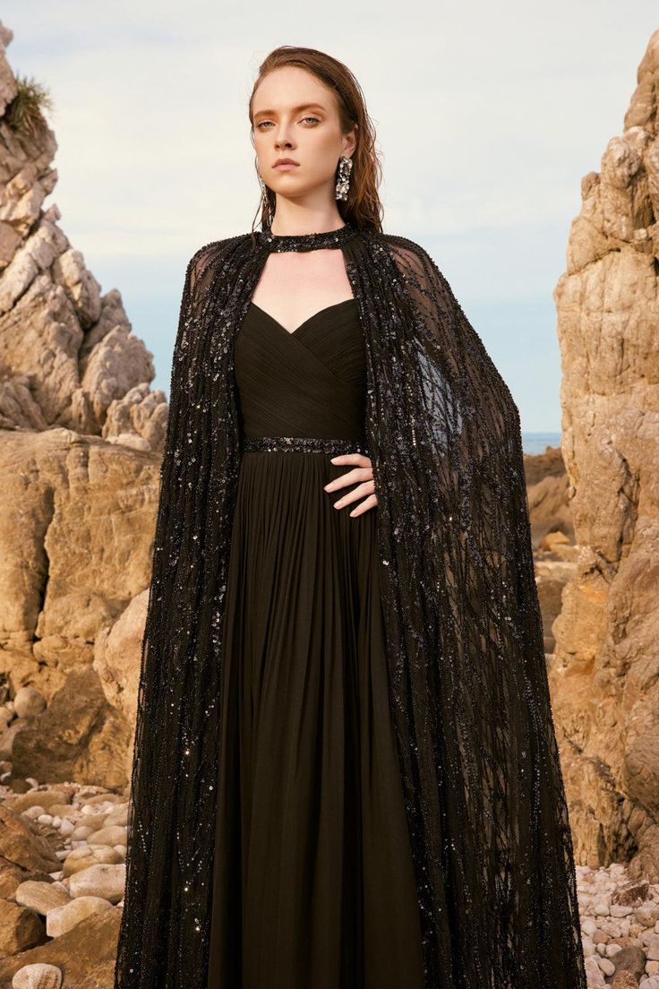 Celina Straight See-Through Mesh Lace Floor Length Cape - MEAN BLVD Bridesmaids Spring, Sequin Cape, Crystal Lace, Mean Blvd, Chiffon Evening Dresses, فستان سهرة, Round Neck Dresses, Lace Evening Dresses, Cape Dress