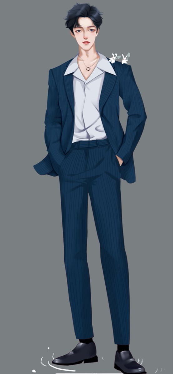 a drawing of a man in a suit and tie with his hands on his hips