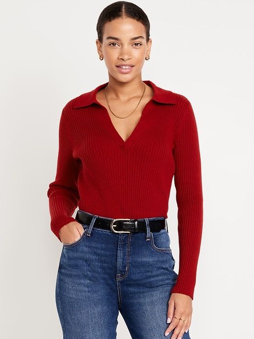 Ribbed Crop Polo Sweater | Old Navy Long Sleeve Polo Outfit, Style Uniform, Polo Outfit, Trendy Christmas Outfits, Camo Sweater, Capsule Wardrobe Outfits, Textured Knit Sweater, Office Casual Outfit, Office Outfits Women