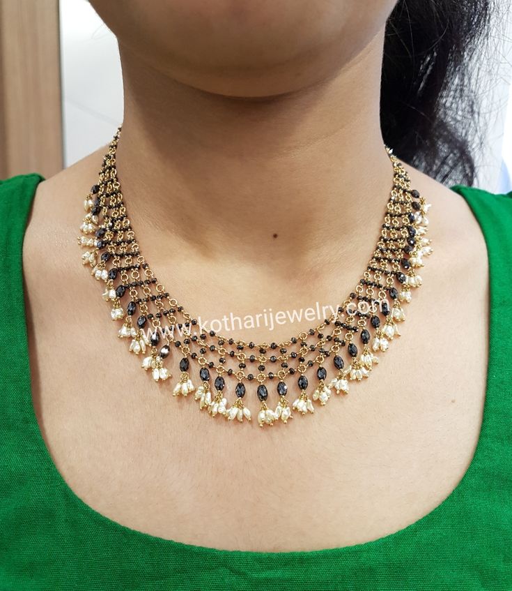 Gold Necklace With Pearls Indian, Black Diamonds Chains, Black Beaded Jewelry Latest, Black Beads Earrings Gold Studs, Black Diamond Nallapusalu, Sridevi Jewellery, Black Bead Necklace Simple, Short Black Beads Designs, Latest Black Beads Designs