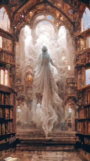 a large white statue sitting inside of a library filled with books