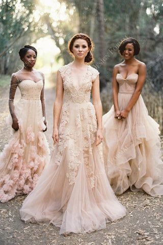 Romantic nude pink designer wedding dress features plunging V-neck bodice with illusion lace back, A-line skirt with cascading lace appliques. Vintage Weddingdress, Wedding Dresses Near Me, Pink Wedding Gowns, Blush Wedding Gown, Wedding Dressses, Beach Wedding Gown, Blush Wedding Dress, Wedding Dresses Blush, Boho Wedding Dress Lace