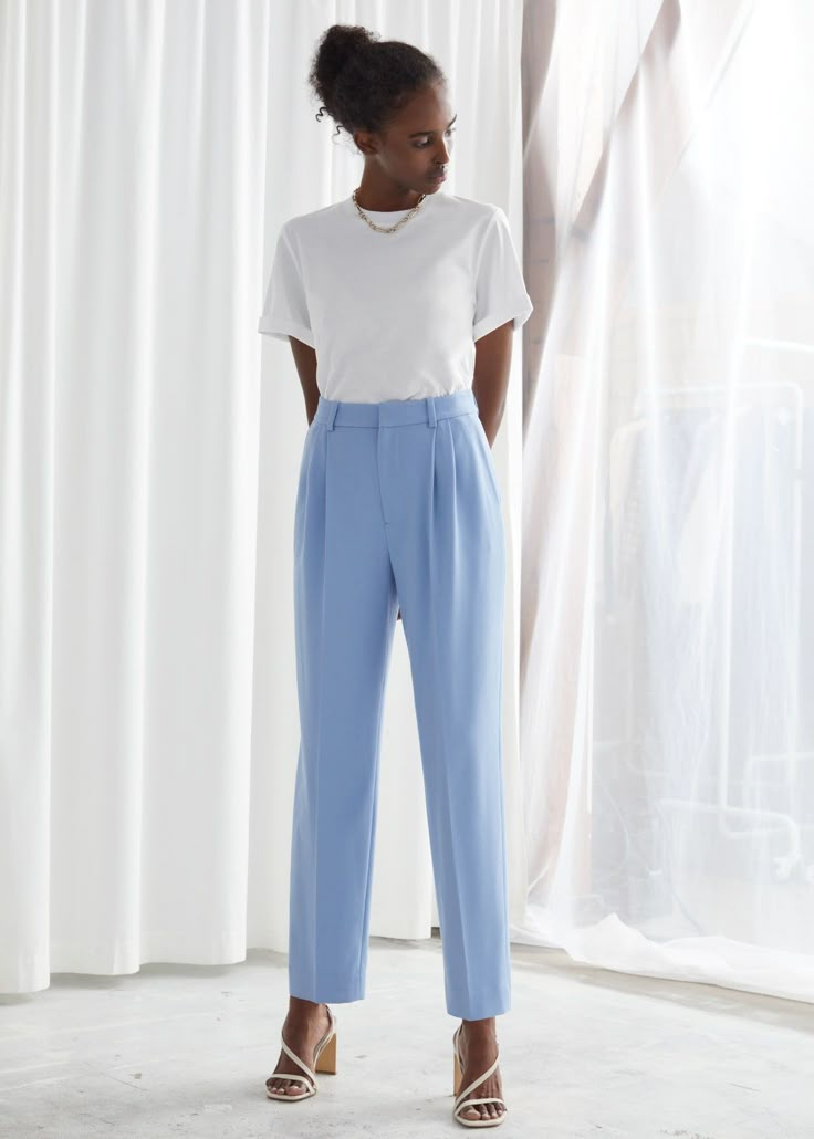 Duo Pleat Tailored Trousers Light Blue Trousers Outfit, Light Blue Pants Outfit, Blue Trousers Outfit, Blue Pants Outfit, Light Blue Pants, Trousers Outfit, Trouser Outfit, High Waist Trousers, Trouser Outfits