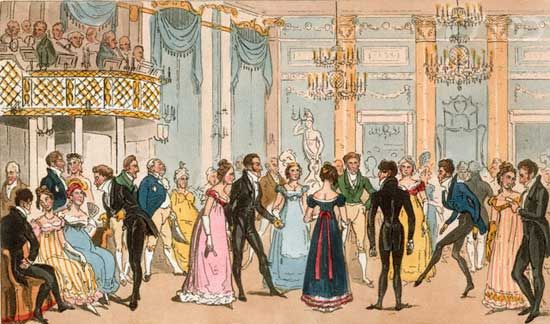 This painting of dancing at Almack's by the Cruikshank brothers (from Life in London by Pierce Egan) provides a glimpse of the fashions of 1821. John Ashton, Regency London, Feminist Literature, Georgette Heyer, Andrew Jackson, Regency Romance, Country Dance, Regency Fashion, Twelfth Night