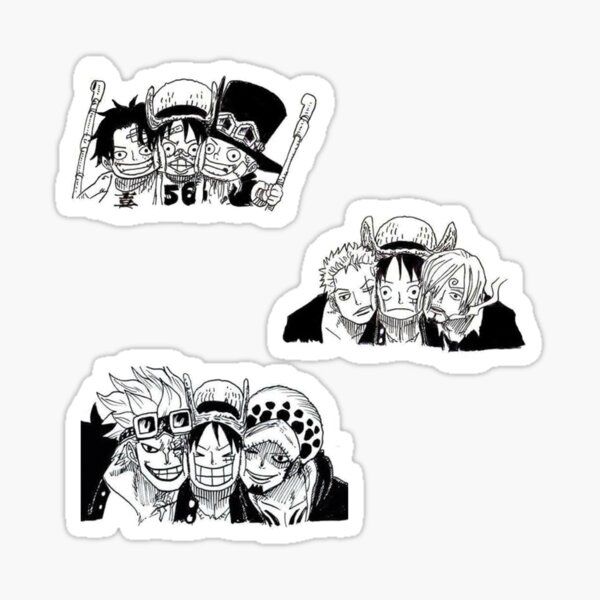 three anime stickers with the faces of one piece and two other characters in black and white