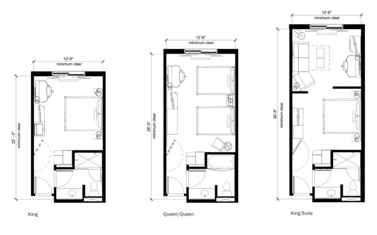 three floor plans showing the size and layout of a bedroom, bathroom, and living room