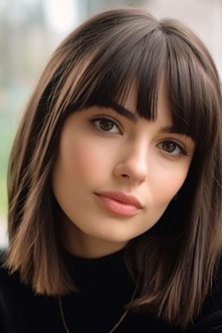 Medium Bob With Fringe Shoulder Length, One Length With Bangs, Long Bob Haircuts Bangs, Long Bob For Straight Hair, Bangs With Chin Length Hair, Shoulder Hair With Fringe, French Bob Hairstyles With Bangs, Short Bob Brown Hair With Bangs, Medium With Bangs Shoulder Length