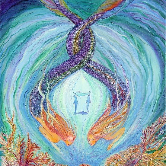 an artistic painting depicting two people holding hands in the center of a blue and green vortex