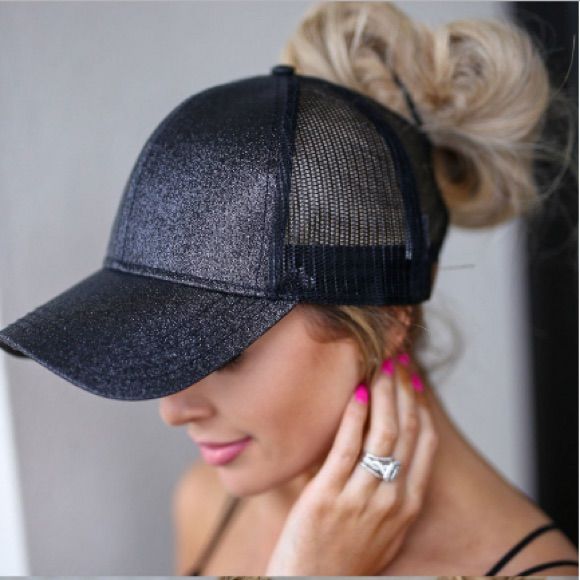 Black Glittered Ponytail Baseball Cap For Women. Holes For Ponytail At Top So You Can Wear Your Cap Snuggly Without Having To Do The Low Pony . Trendy Black Trucker Hat For Party, Casual Party Trucker Hat, Black Snapback Trucker Hat For Party, Black Casual Baseball Cap For Parties, Casual Black Baseball Cap For Party, Black Snapback Baseball Cap For Party, Glitter Ponytail, High Messy Bun, Baseball Cap For Women