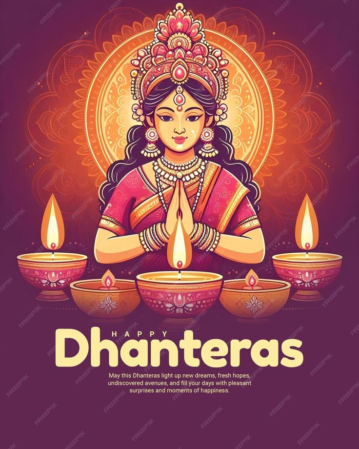 happy dhanteras greeting card with the image of a woman sitting in front of candles