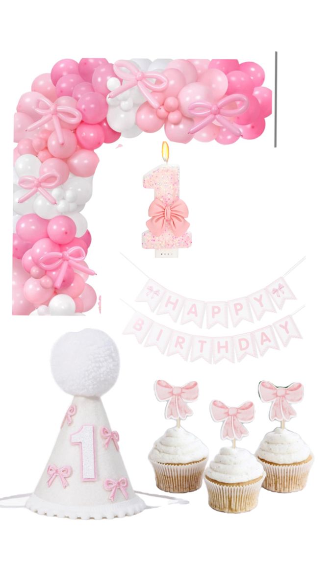 a pink and white 1st birthday party with balloons, cupcakes and streamers