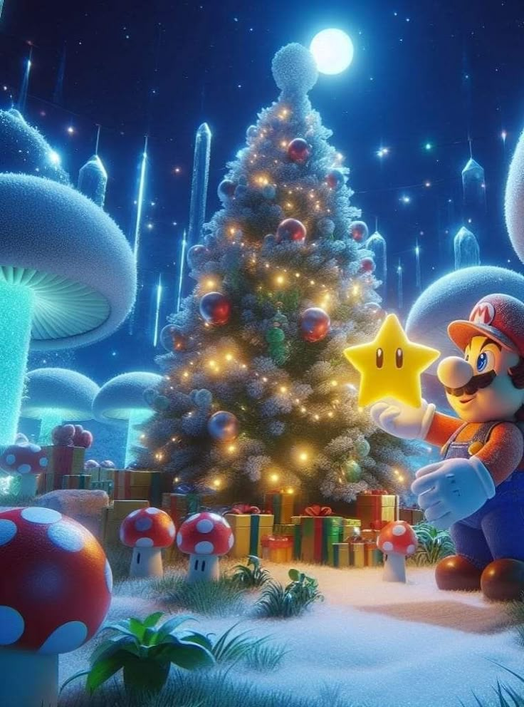 super mario and luigi in front of a christmas tree, with lights on the trees