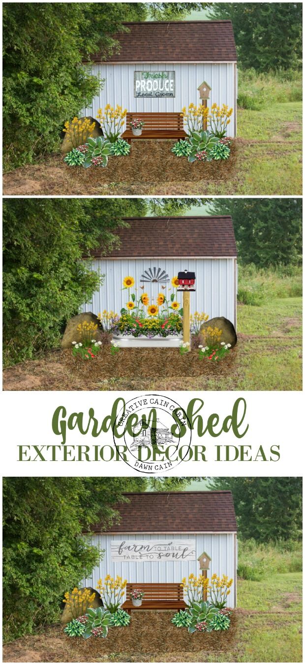 the garden shed exterior decor idea is shown in three different pictures, including one with flowers and