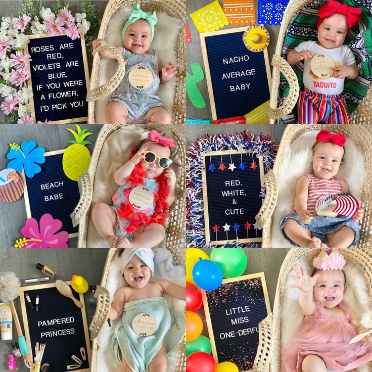 baby pictures are arranged on wicker baskets with chalkboards and balloons in the background